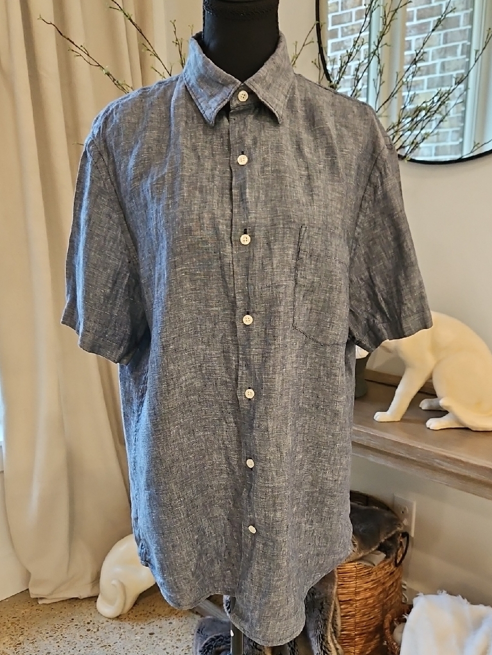 Perry Ellis Short-Sleeve Button-Down Shirt in Heathered Blue